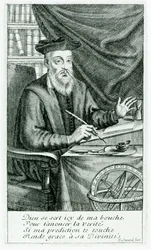 Michel de Nostredame (Nostradamus) (1503-66) schrijft zijn profetieën, gegraveerd door Jean Sauve (fl.1660-91)